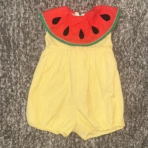 Vintage Samara yellow stripe Watermelon Bib bubble romper with bow back 2t/3t